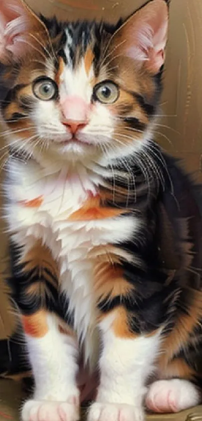 Artistic calico kitten sitting against a beige background.