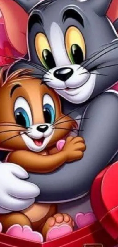 Cartoon animals, Tom and Jerry, hugging with heart motifs background.