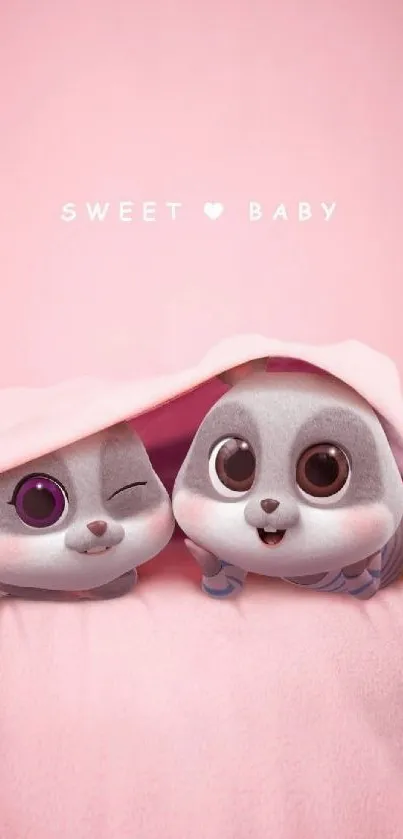 Cute cartoon animals under a pink blanket with 'Sweet Baby' text.