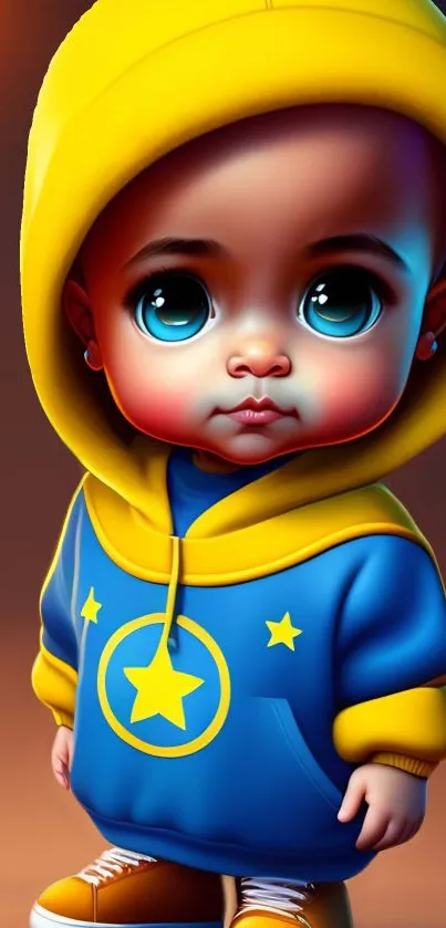 Cartoon baby in yellow and blue hoodie with big eyes.