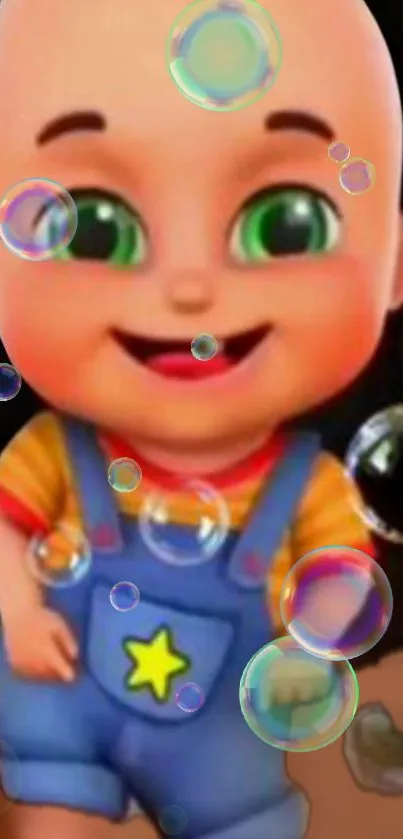 Cartoon baby with bubbles in a colorful design wallpaper.