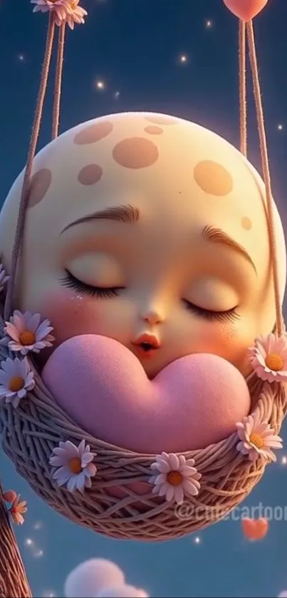 Adorable cartoon baby asleep in moonlit basket with flowers.
