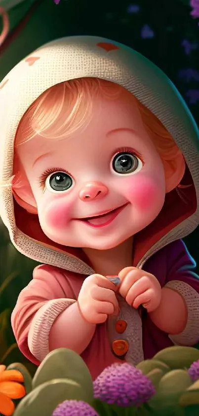 Adorable cartoon baby in floral setting, creating a whimsical and colorful phone wallpaper.