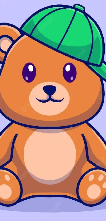 Adorable cartoon bear with green cap on a purple background.