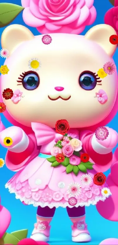 Cute cartoon bear surrounded by pink roses on blue background.