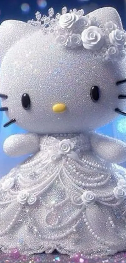 Cartoon cat in sparkling bridal dress with veil.