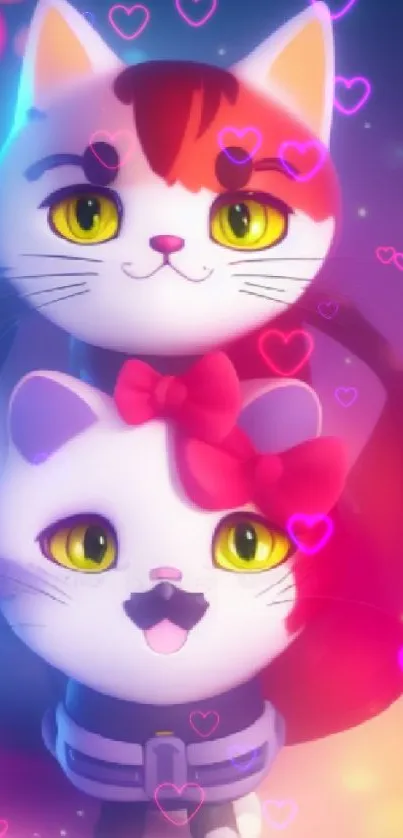 Two cute cartoon cats with bows in a colorful bokeh background.