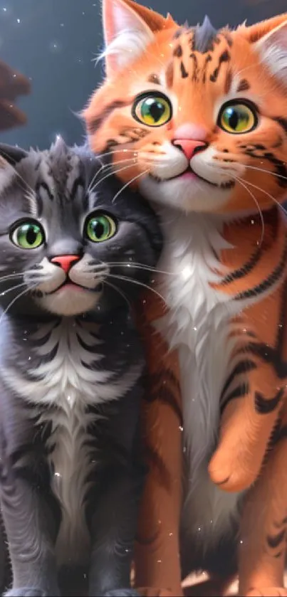 Charming cartoon cats with green eyes in a playful duo standing together.