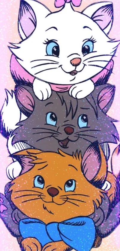 Three adorable cartoon cats stacked playfully on a peach background.