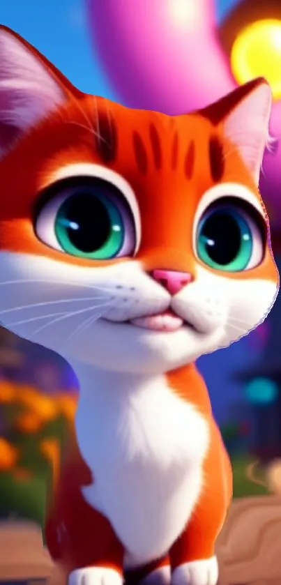 Adorable cartoon cat with big eyes and vibrant background.