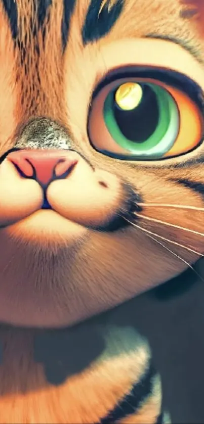 Adorable cartoon cat with big green eyes in a charming mobile wallpaper.