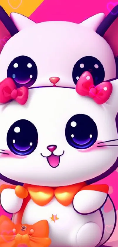 Adorable cartoon cats with bows on a vibrant pink background.
