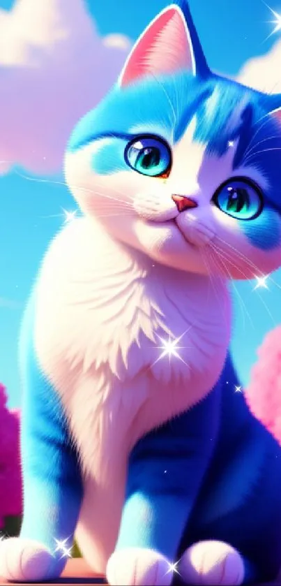 Adorable blue and white cartoon cat with colorful background.