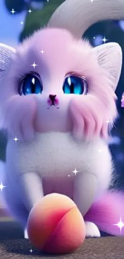 Adorable cartoon cat with blue eyes and pastel colors on a mobile wallpaper.