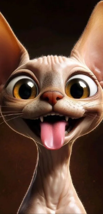 Adorable cartoon cat with big eyes and tongue out.