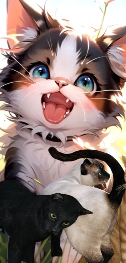 Cute cartoon kitten surrounded by colorful cats.