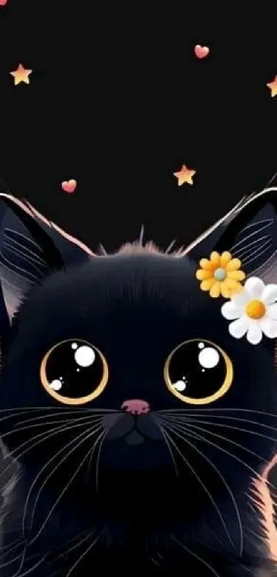 Adorable black cartoon cat with flowers and stars.
