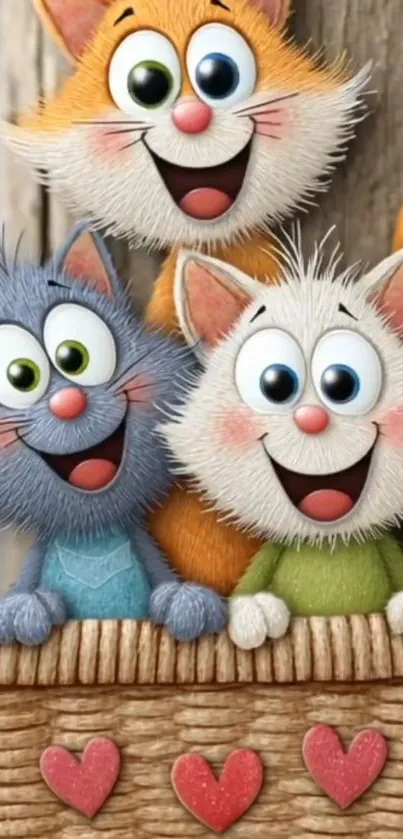 Adorable cartoon cats in a wicker basket.