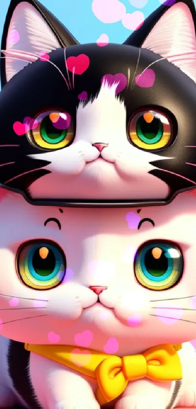 Adorable cartoon kittens with vibrant eyes, against a bright background.