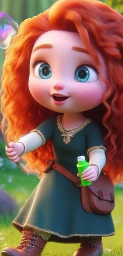 Adorable cartoon character with red curls in a colorful scene.