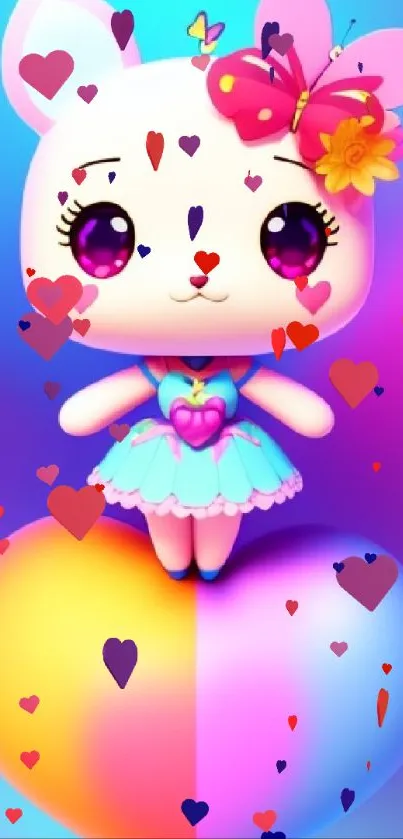 Adorable cartoon character on colorful heart design.