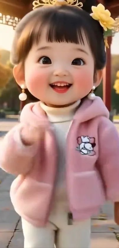 Adorable cartoon child with chubby cheeks in a park.