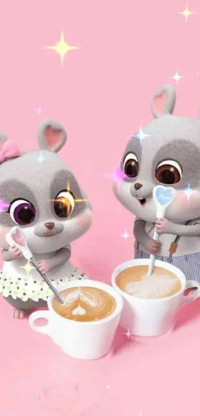 Cartoon animals stirring coffee on pink background.