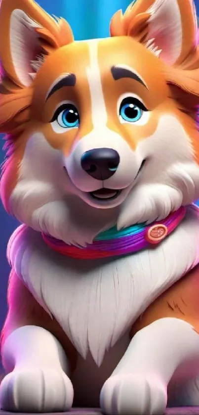 Cute cartoon corgi with big eyes and a colorful collar on a vibrant background.