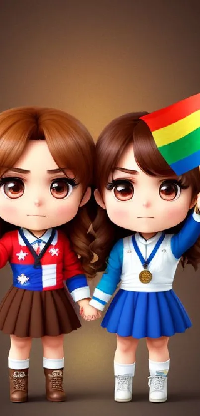Adorable cartoon couple holding a rainbow flag in vibrant colors.