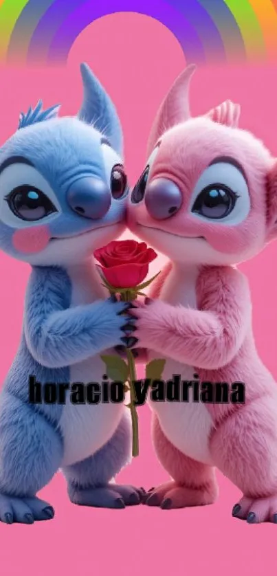 Cute cartoon couple with rose on pink background.