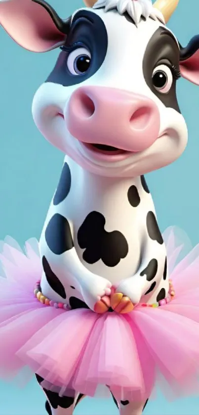 Cartoon cow in pink tutu with sky blue background.
