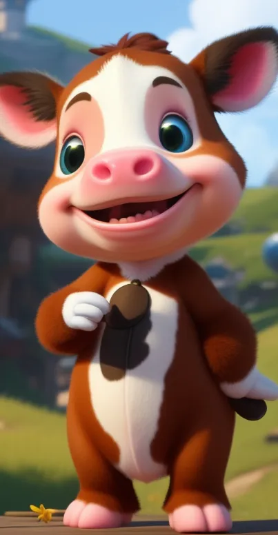 Adorable cartoon cow smiling in a vibrant meadow.