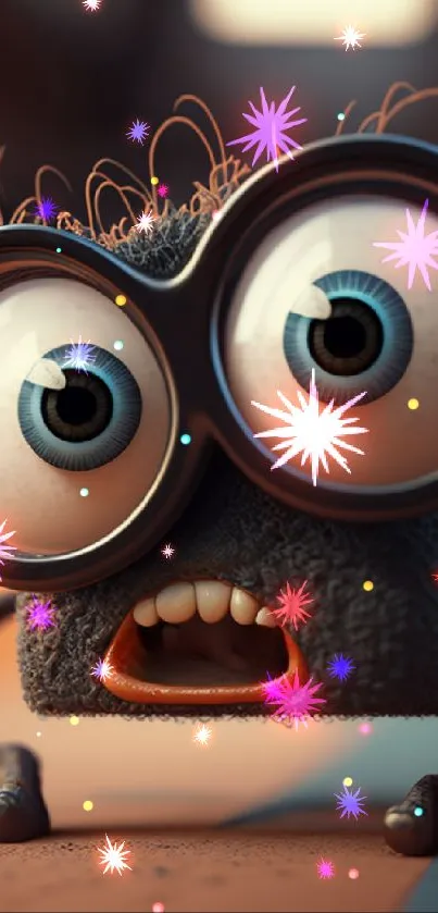 Cartoon creature with big eyes and glasses, looking surprised.
