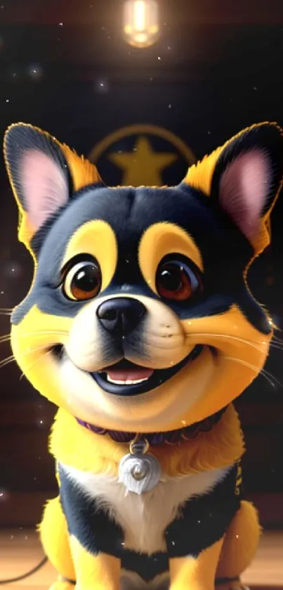 Cheerful cartoon corgi with big eyes under warm lights.