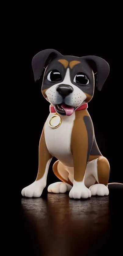 Cartoon dog with brown fur and a red collar on black background.