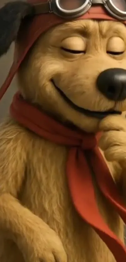 Cute cartoon dog character smiling with goggles and scarf.