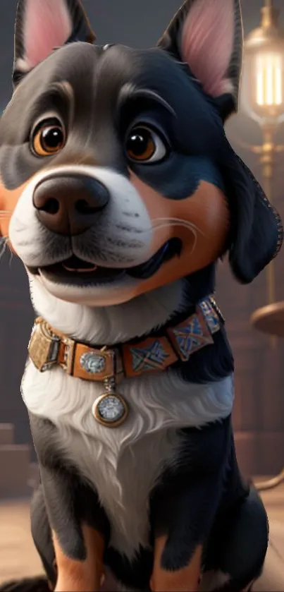 Adorable cartoon dog with collar in a cozy room setting.