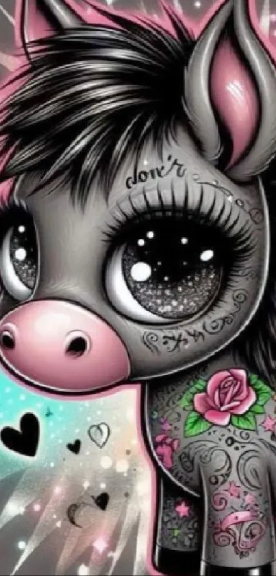 Cute cartoon donkey with floral design and sparkling eyes.