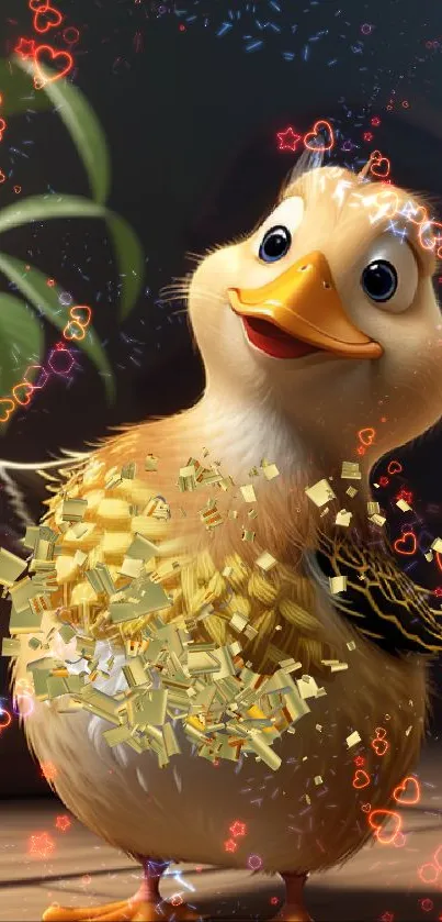 Cute cartoon duckling with a vibrant yellow body standing indoors.