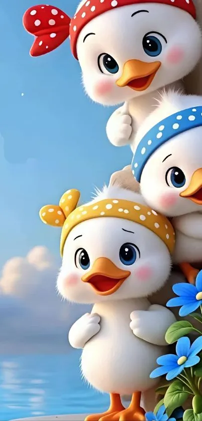 Three cute cartoon ducklings with bows peeking out playfully.