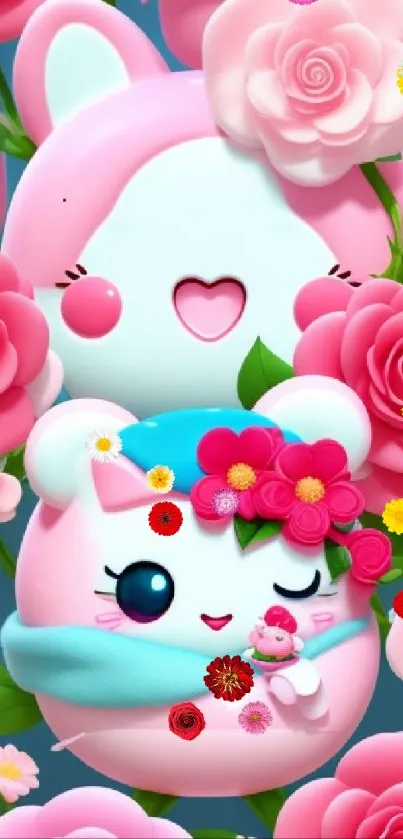 Adorable cartoon characters with pink flower background on mobile wallpaper.