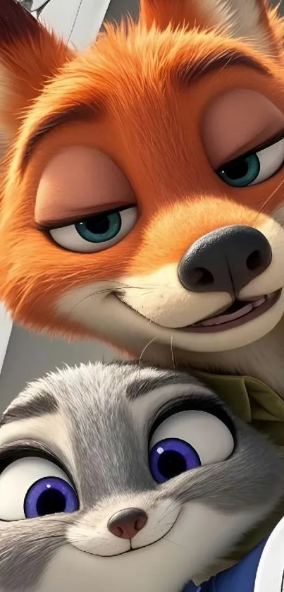 Cute cartoon fox and rabbit smiling