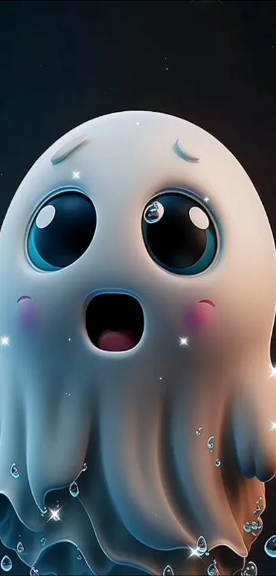 Cute cartoon ghost with wide eyes on a dark background.