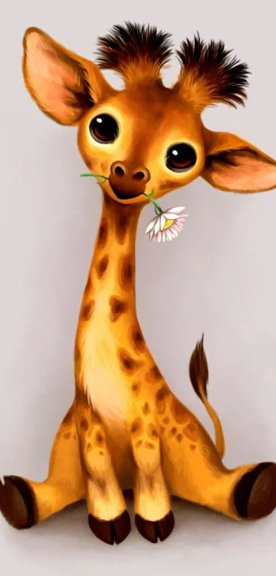 Adorable cartoon giraffe with a flower in mouth on a light brown background.