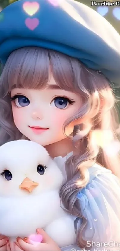 Cartoon girl with blue eyes holding a fluffy white bird, surrounded by pastel hearts.