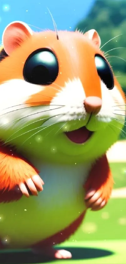Cute cartoon hamster stands on vibrant green field.