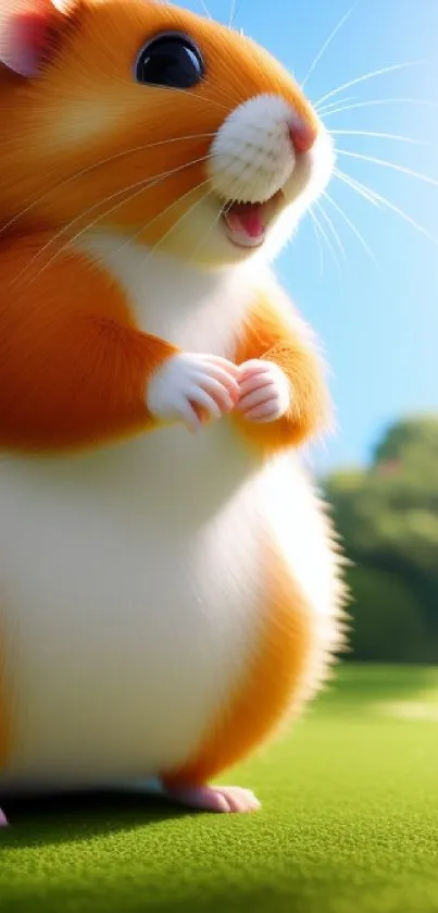 Adorable cartoon hamster on green grass with blue sky.