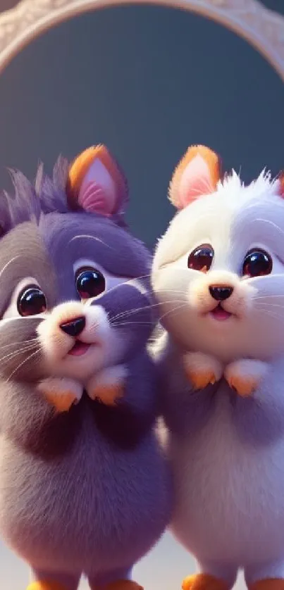 Two adorable cartoon hamsters with colorful ears in a whimsical pose.