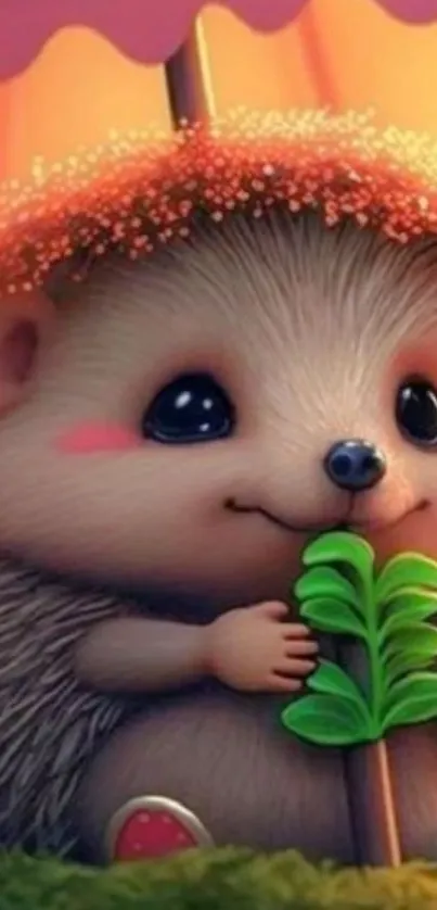 Cute cartoon hedgehog with a leafy umbrella sitting under flowers.