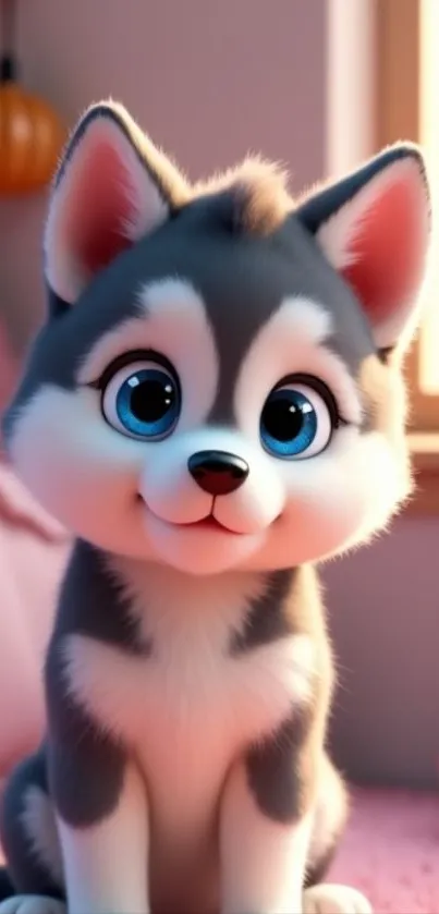 Adorable cartoon husky puppy with blue eyes sitting in a cozy room.